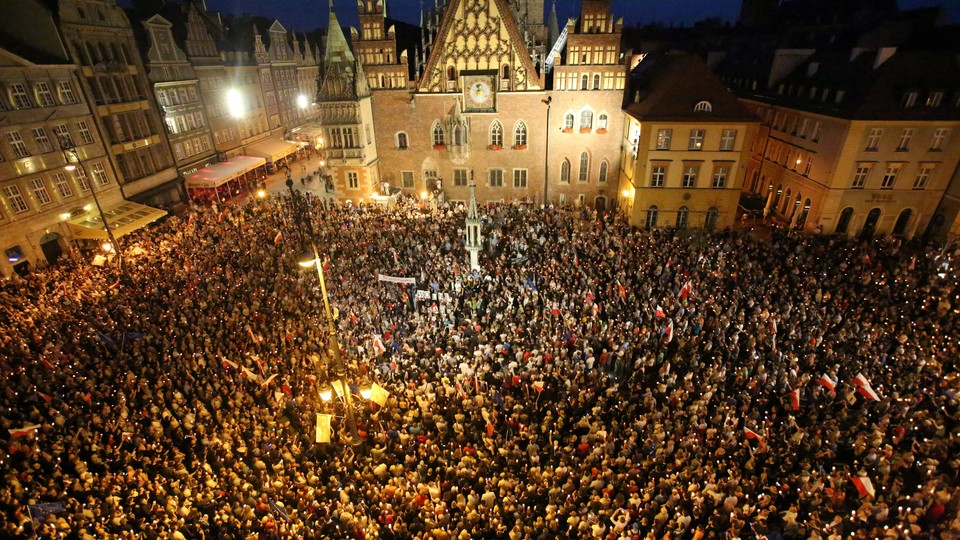 People protest against the supreme court legislation in Wroclaw, Poland, on July 20.