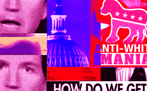 Illustration of Tucker Carlson, the U.S. Capitol and a sign reading "Anti-white mania"