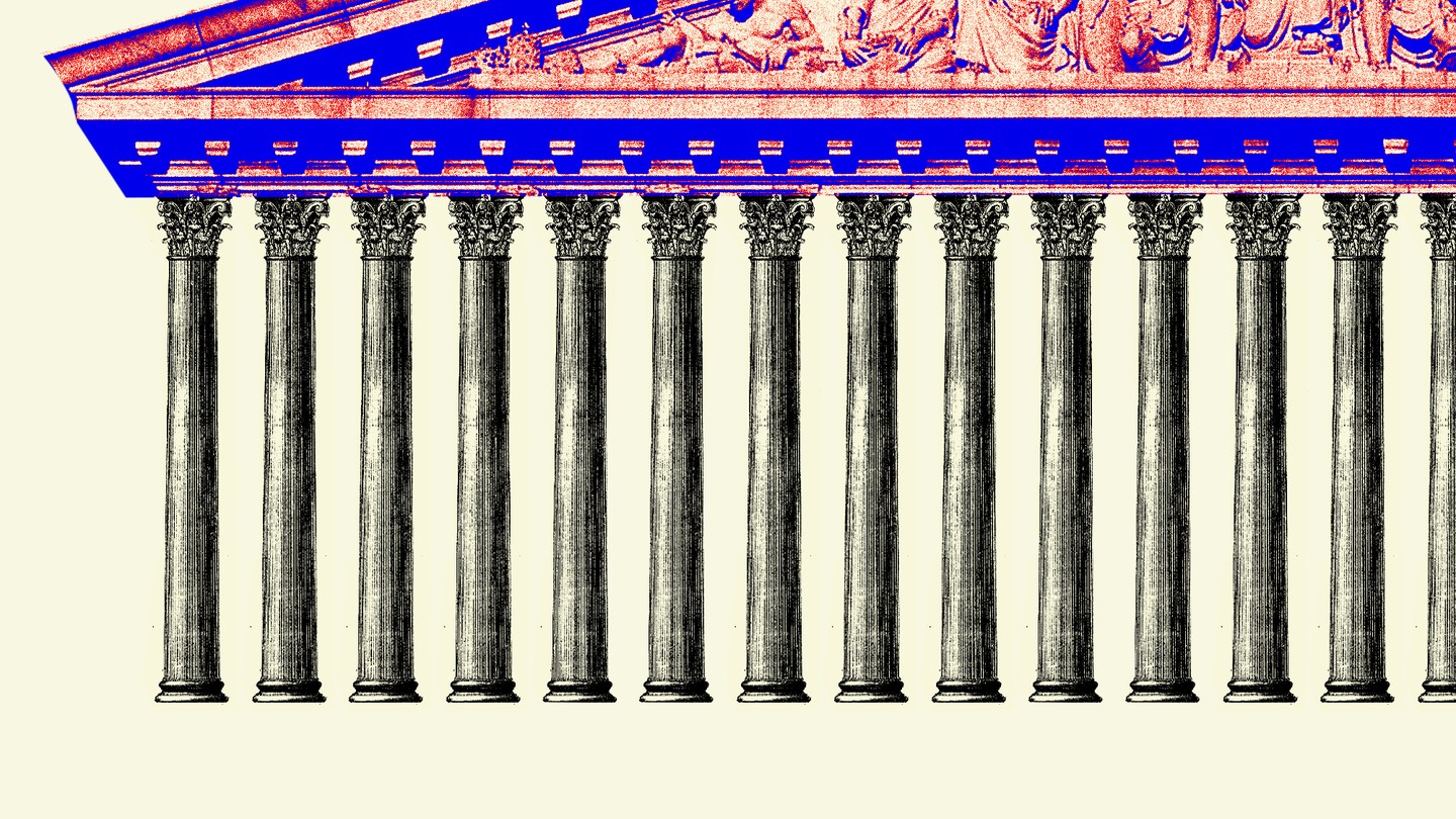 A red and blue Supreme Court roof rests atop dozens of pillars
