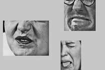 Collage of black-and-white close-ups of people making disgusted faces