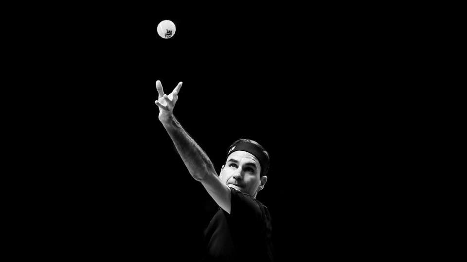 A photo of Roger Federer serving, set against a black background