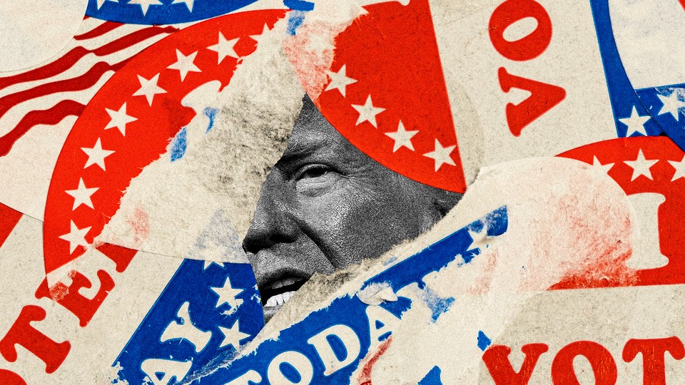 Illustration of voting stickers surrounding a small picture of Donald Trump's face