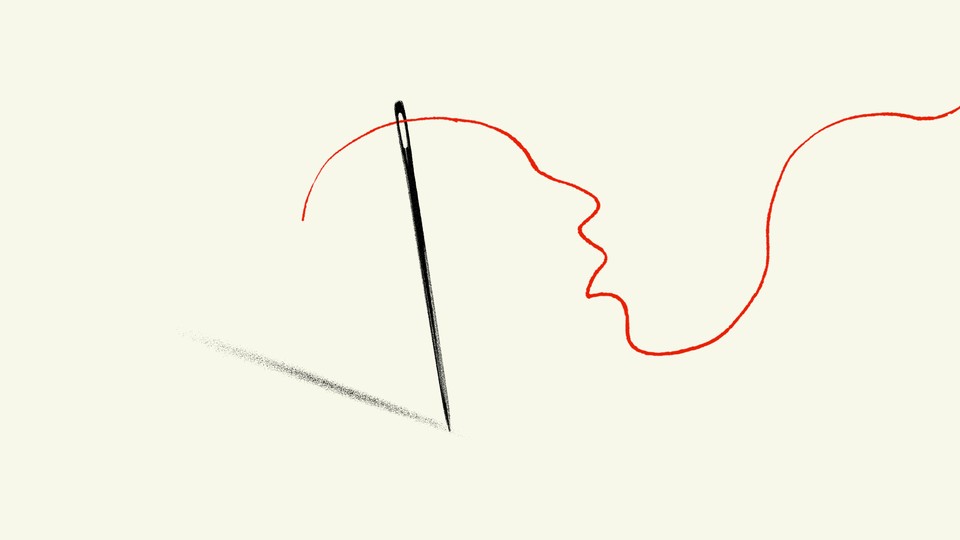 An illustration of a needle and thread making out a face in pain