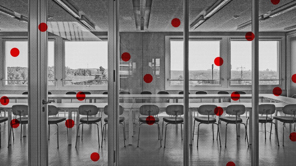 An illustration of a black-and-white conference room overlaid with red dots