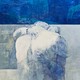 A painting of two people embracing, on a background of shades of blue