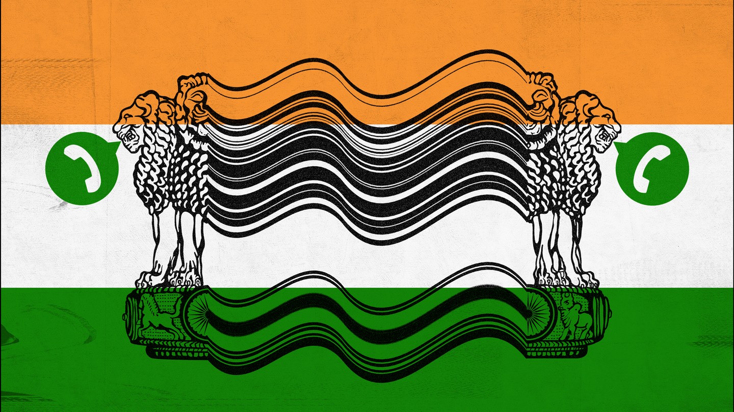 a warped image of the Indian flag, with the Whatsapp symbol