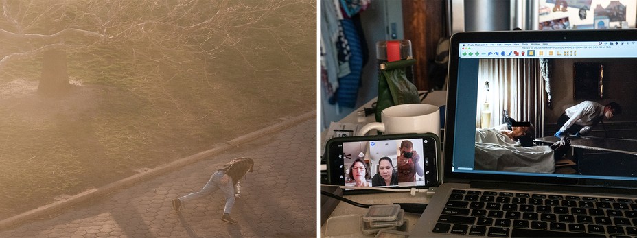 A man doing a push-up; the photographer editing photos while videochatting with his family
