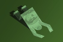 Graphic illustration of a 100-dollar bill cut out in the shape of a person bowing down in worship on a darker-green background.