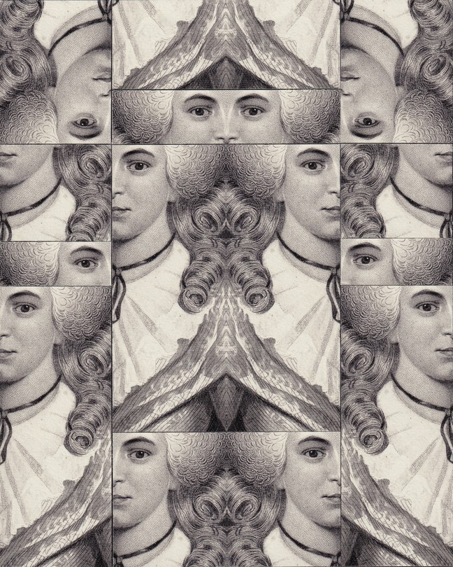 Illustration multiplying reflected black-and-white portraits of Eliza Schuyler in a grid pattern.