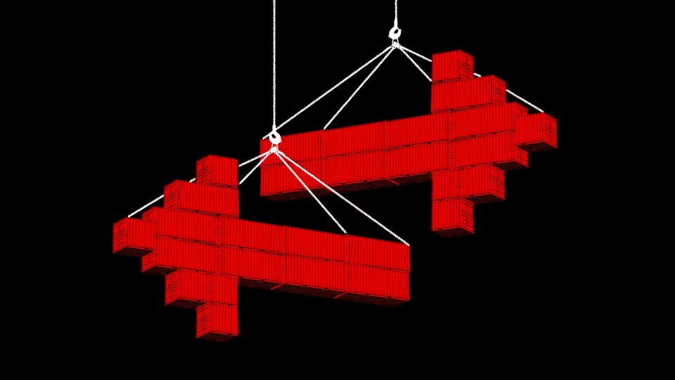 Illustration of arrows made of shipping containers pointing in opposite directions