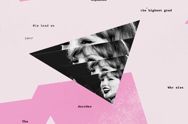 Refracted image of Taylor Swift against a pink background dotted with lyric fragments