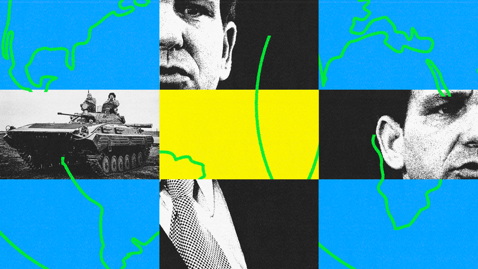Illustration collage of Ron DeSantis and a tank in Ukraine.