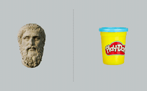 A stone bust of Plato next to a yellow-and-red can with a blue lid labeled "Play-Doh"