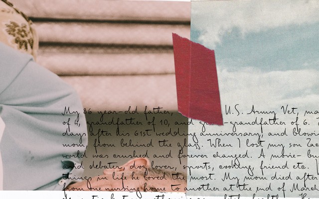 A collage of a handwritten letter a family photograph, and the blue sky.