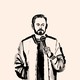 Sketch in black ink on beige background of Nate Bergatze holding mic
