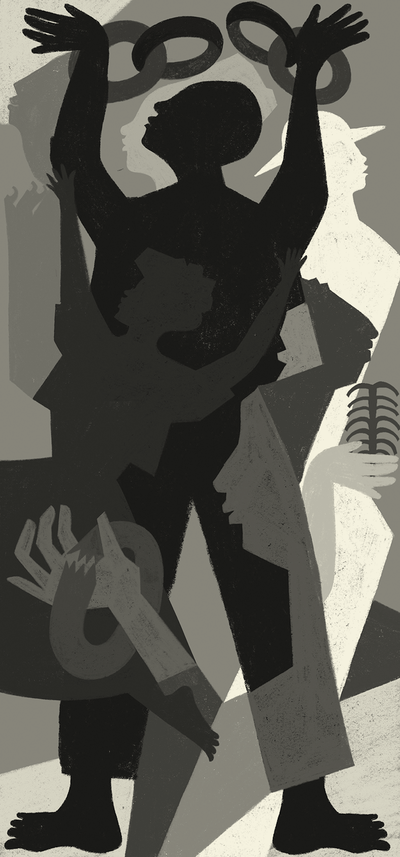 black-and-white block illustration of barefoot person raising arms overhead with chain broken apart, layered over other silhouettes of people, one looking at a broken chain