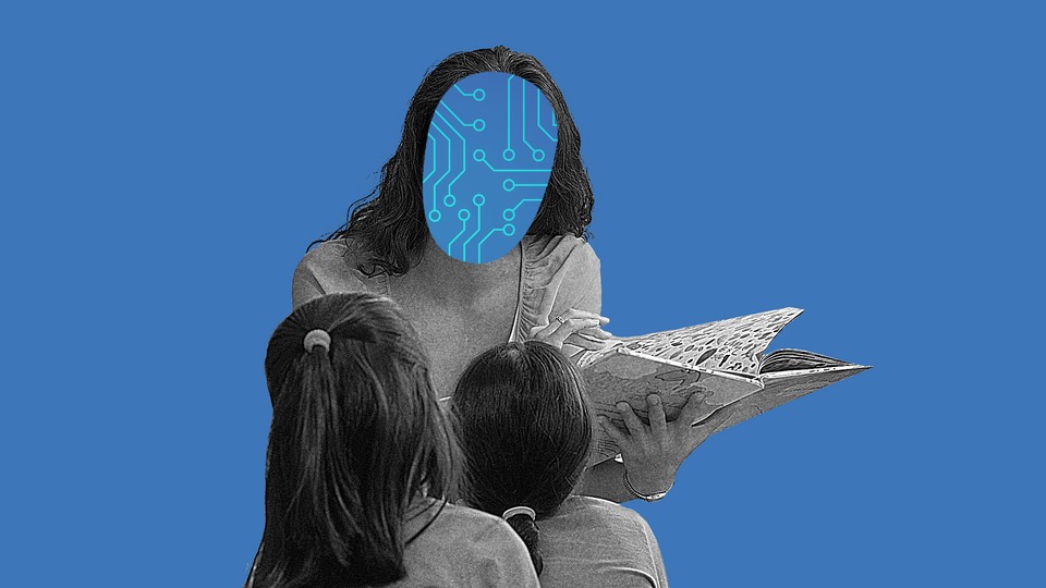 Photo-illustration of a woman reading to children; her face has been replaced with a circuit board.