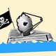 An illustration of NASA's new space telescope sailing on water, with a pirate flag waving overhead
