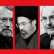 Illustration with black-and-white photographs of Mojtaba Khamenei, Ali Larijani, and Mohammad Baqer Qalibaf with a red backdrop
