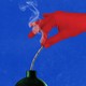 A red hand in front of a blue background extinguishes the fuse of a bomb.
