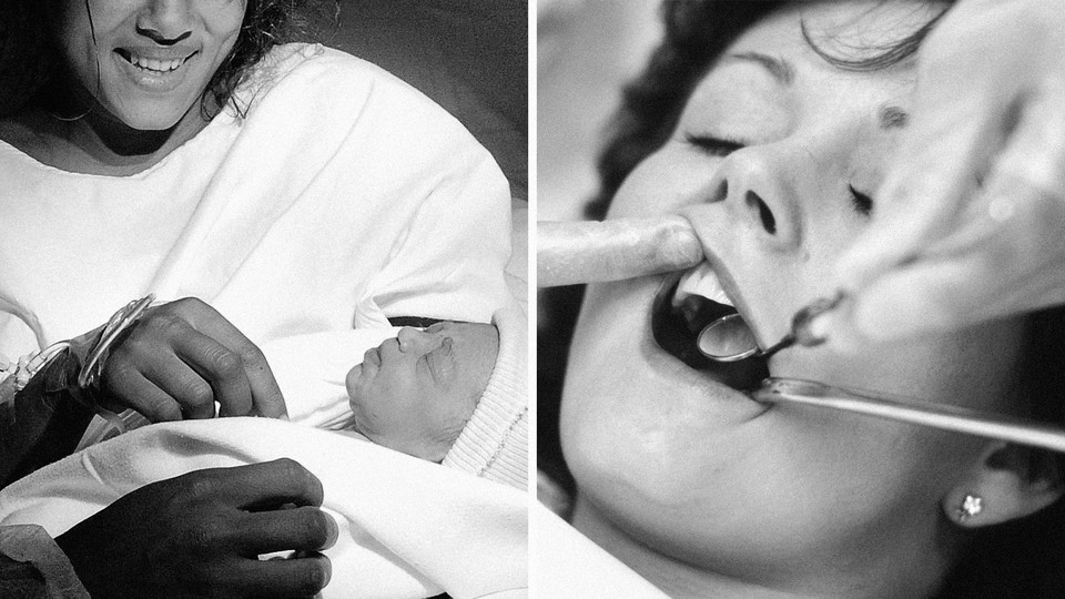 Side by side black and white photos. On the left, a woman cradling a newborn baby. On the right, a close up of a woman's mouth with hands inserting a dental mirror