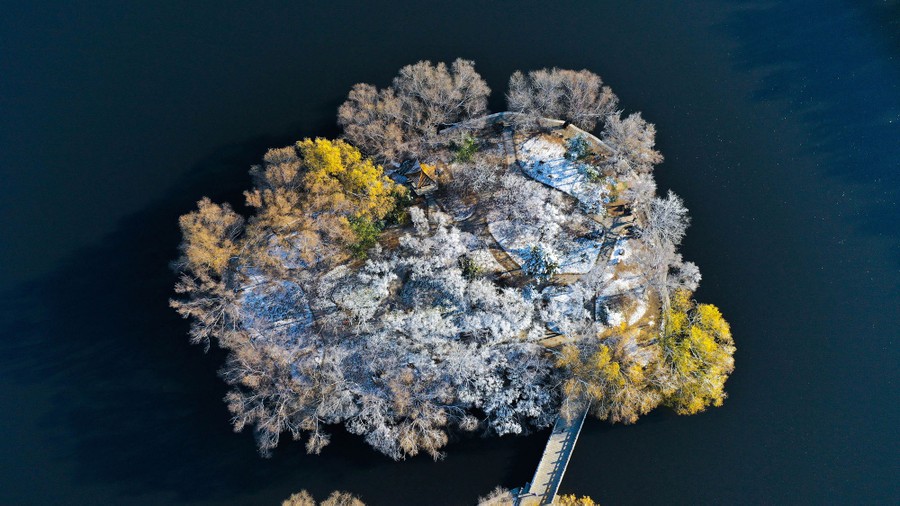 An aerial view of a small island in a park, with some snow on the fall-colored trees.