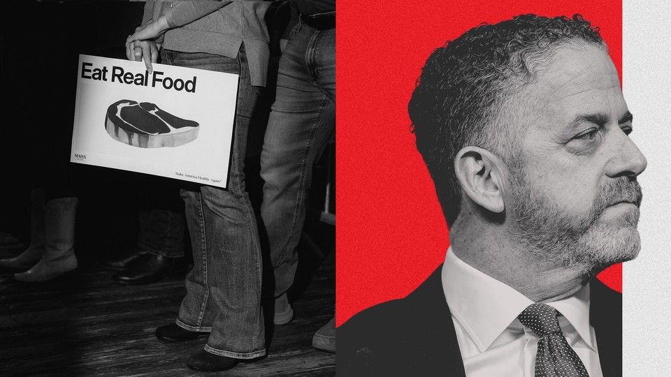 Collage of a black-and-white photo of a person holding a poster that says "Eat Real Food" and pictures a line drawing of a steak, combined with a photo of Tony Lyons against a red background