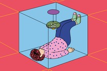 Illustration of a person lying on their back while trapped inside a transparent cube