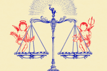 Illustration of balance scale weighing angels of good and evil