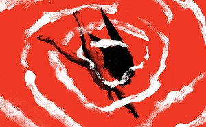 image of falling angel on red background surrounded by painted white spiral