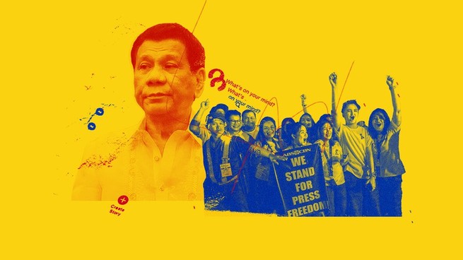 A photo of Rodrigo Duterte and protesters