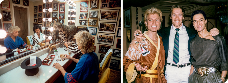 Photographs of Sigfried and Roy in their dressing room and with Arnold Schwarzenegger.