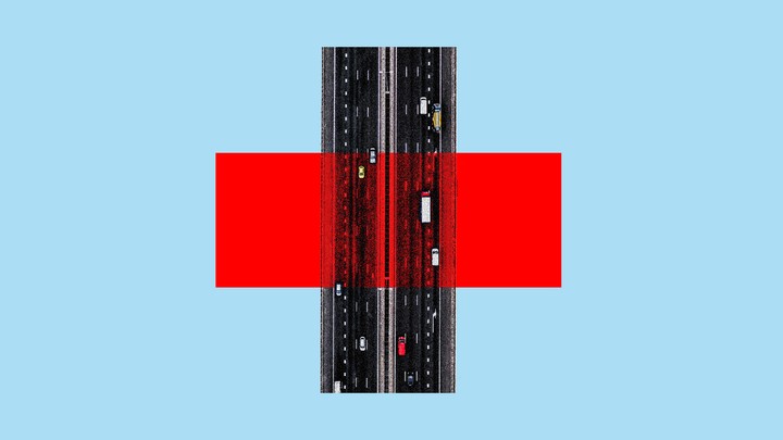 An illustration of a highway and a Red Cross