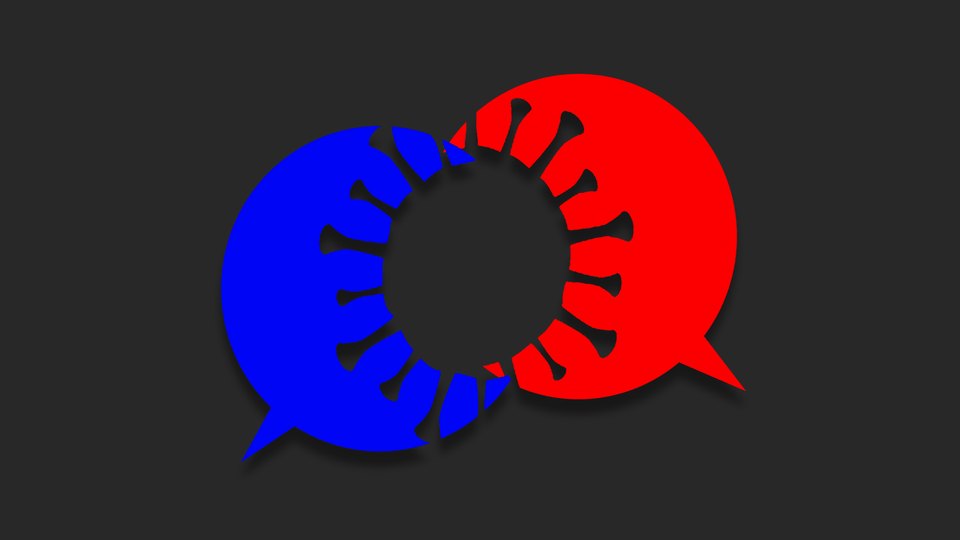 An illustration of a red and blue speech bubbles overlapping to form a coronavirus shape.