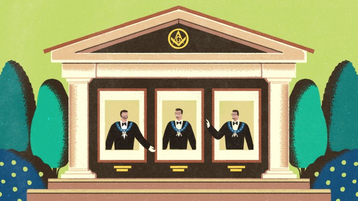 An illustration of three men in a Masonic lodge.
