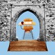 Photo-illustration of a desk protected by a castle and drawbridge