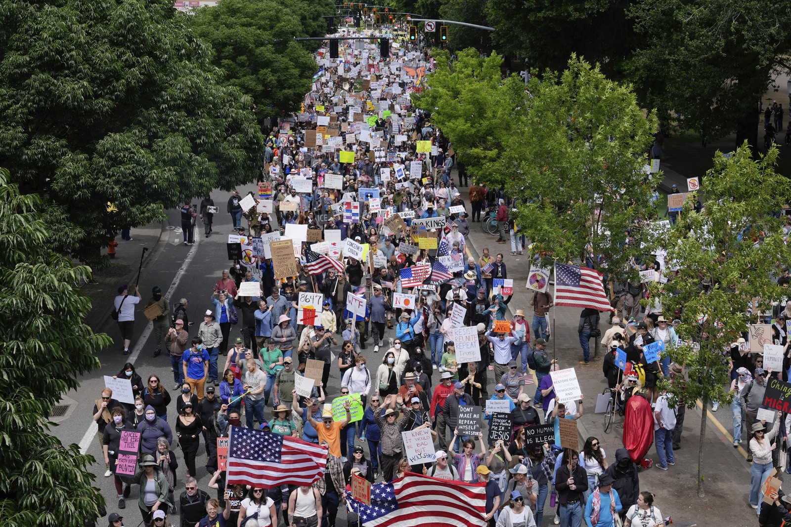 Protesters carrying American flags and protest signs march down a tree-lined city street.