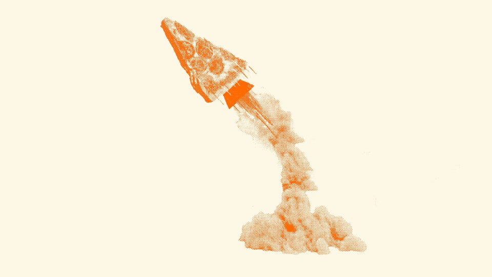 An illustration of a pizza taking off like a rocket