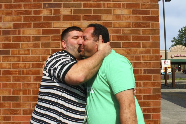 Nashwaan Saddoon and Shane Lakatos in an embrace in Toledo, Ohio.
