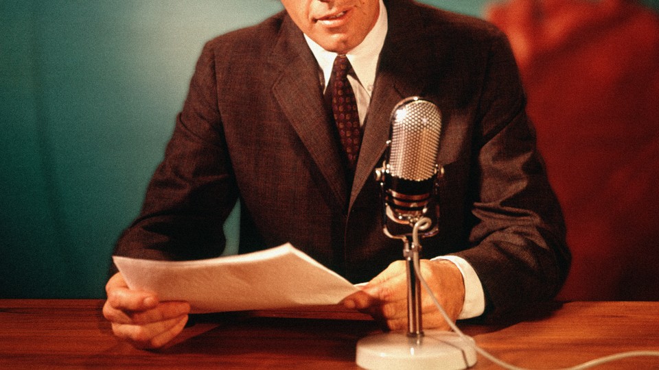 Illustration of a mid-20th-century newscaster