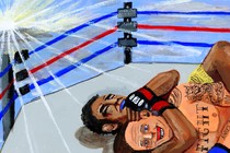 Two MMA fighters grapple with each other.