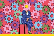 An illustration of a woman in high heels and a colorful suit; her head is overlaid with a giant gear with a frowny face on it, and the gear is meshed with a large system of other gears