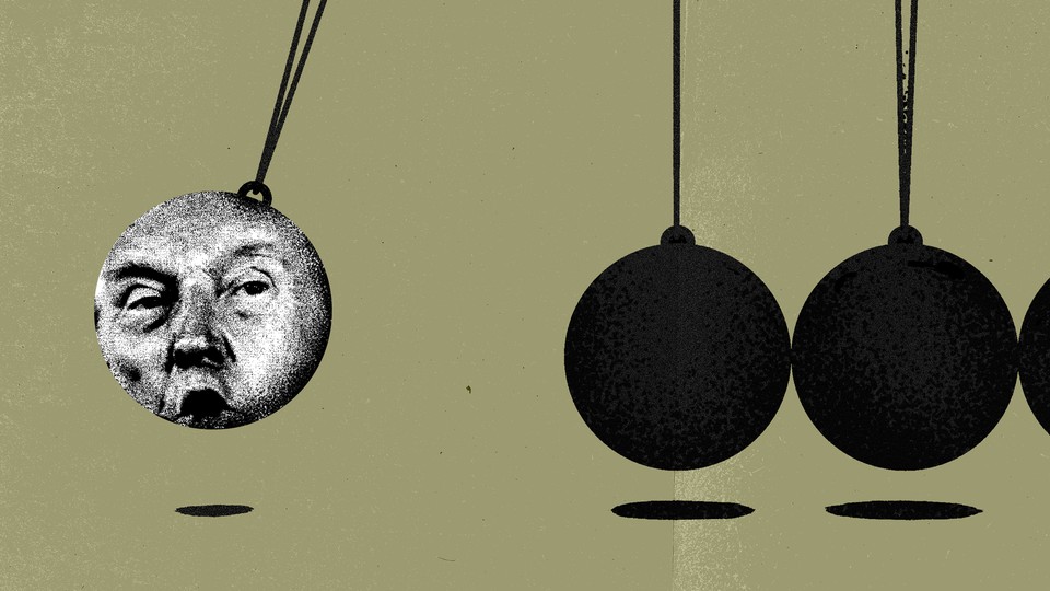 A Newton's cradle with Trump's face as the swinging end ball