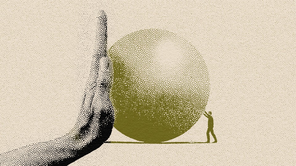 Illustration of a gold-colored ball with a little man pushing from the right and giant hand pushing from the left.