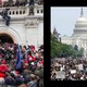 Side-by-side images of the January 6th riots on the left, and a Black Lives Matter protest at the Capitol on the right