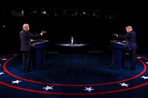 Trump and Biden participate in the final presidential debate at Belmont University, in Nashville, Tennessee, in October 2020.