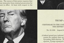 A collage of Donald Trump and snippets of text from the Supreme Court ruling in Trump v. United States