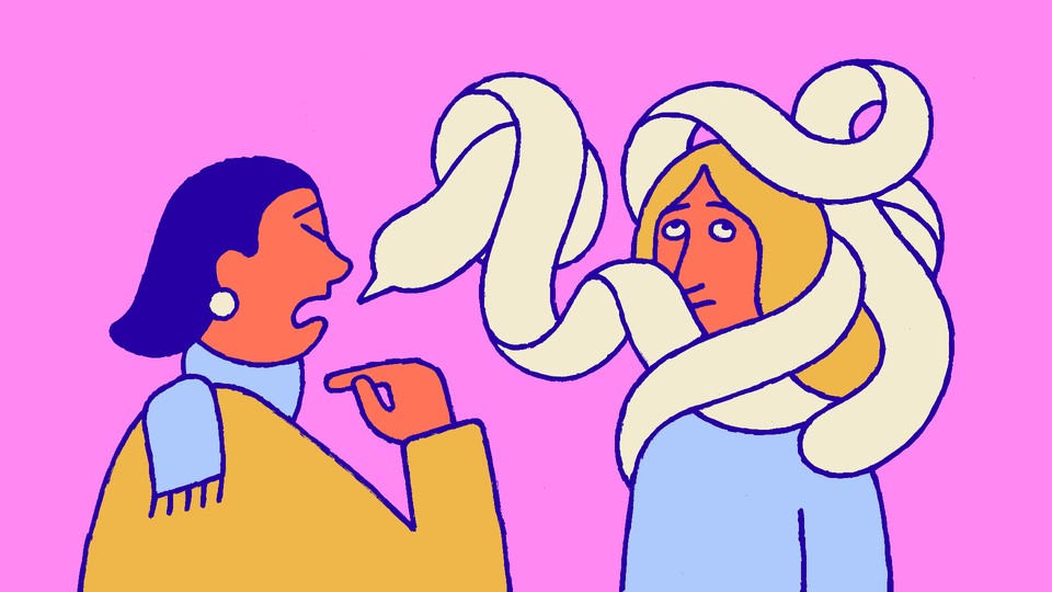 A woman talking and a speech bubble wrapping around her friend's head