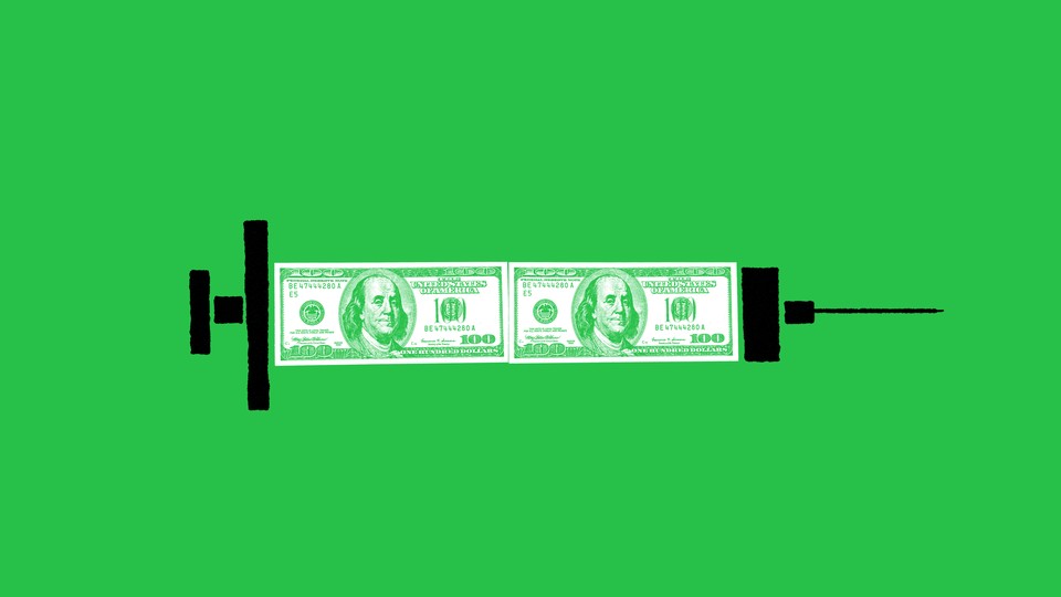 A needle formed by hundred-dollar bills