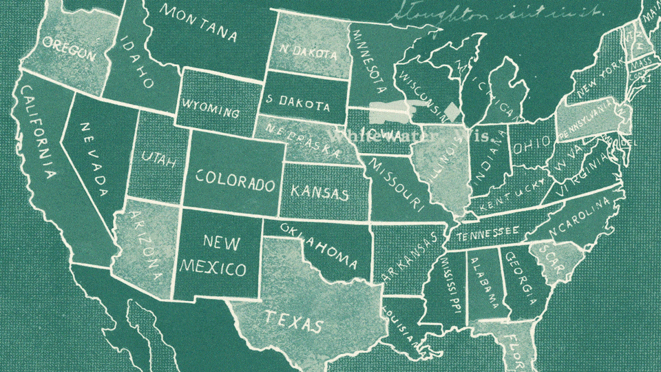 Map of the United States with states labeled. Red circles radiate from a location in southeast Missouri.